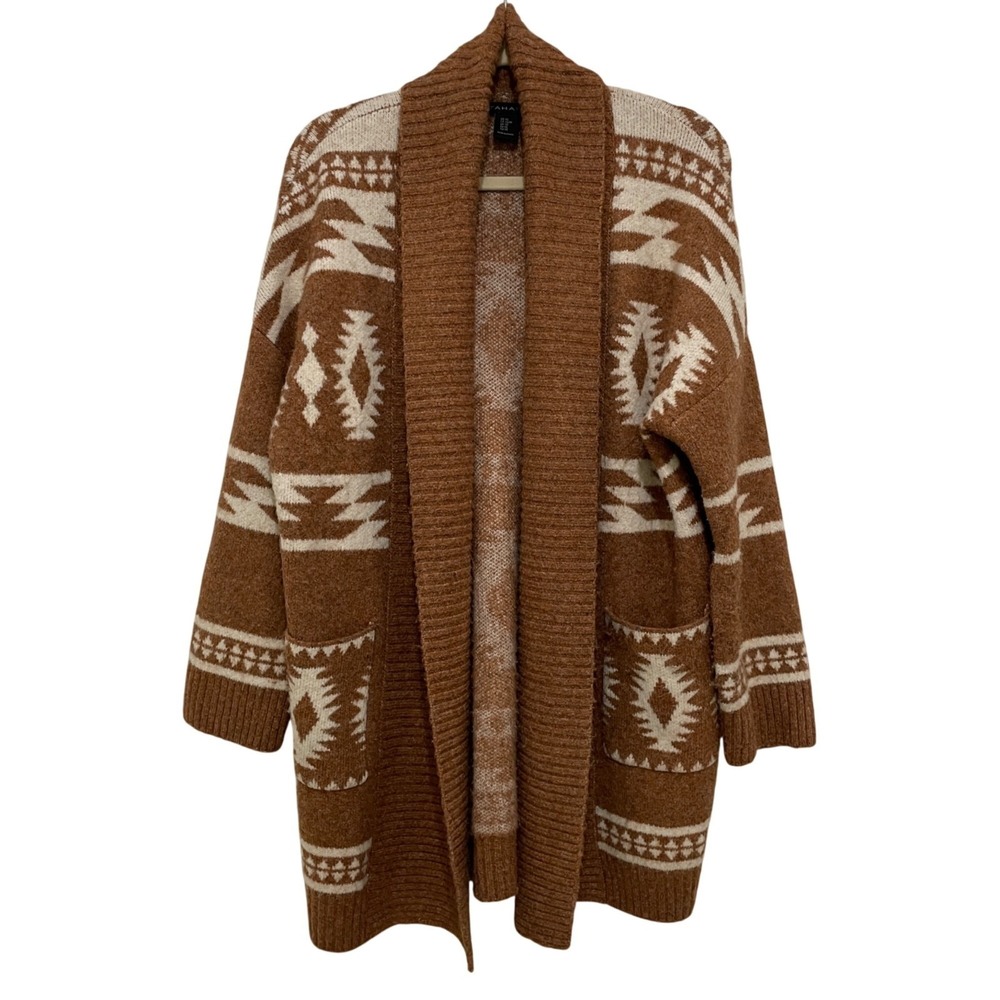 Tahari‎ Cardigan Women XS Brown Southwestern Open Front Cowgirl Oversized Cabin